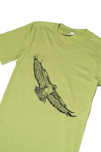Heather green t-shirt with flying hawk